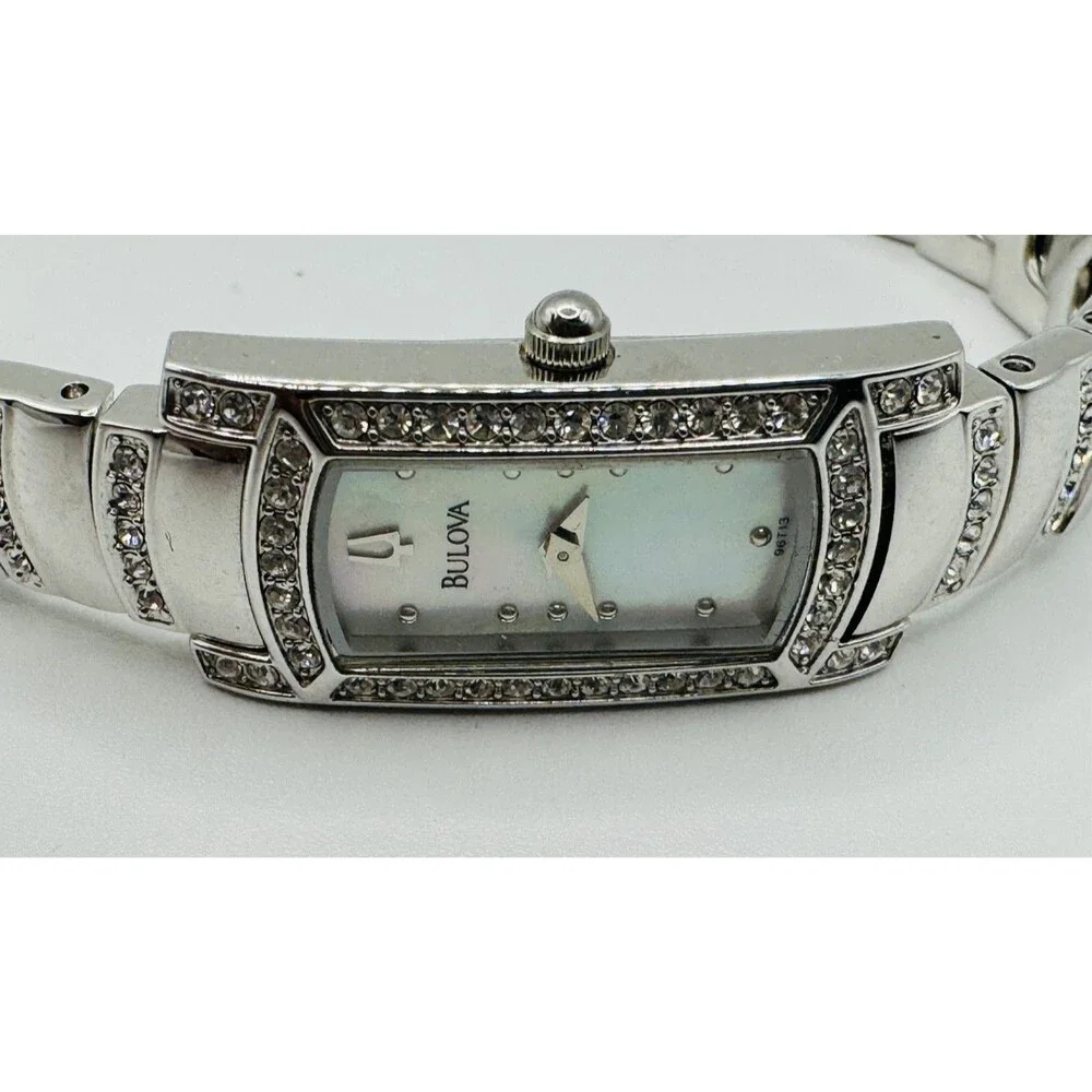 Bulova Rectangular Crystal Bracelet Watch Japan Movement Mother of Pearl Dial - Picture 2 of 7